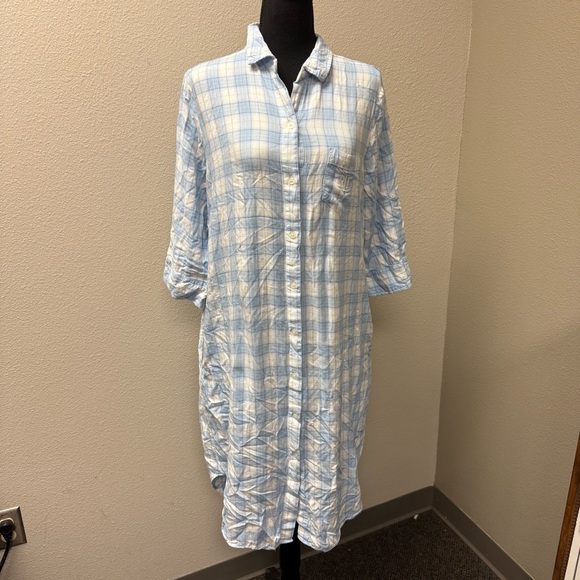 Lauren Ralph Lauren Blue Plaid Shirt Dress Tunic Button Down Roll Sleeve L - Picture 2 of 11